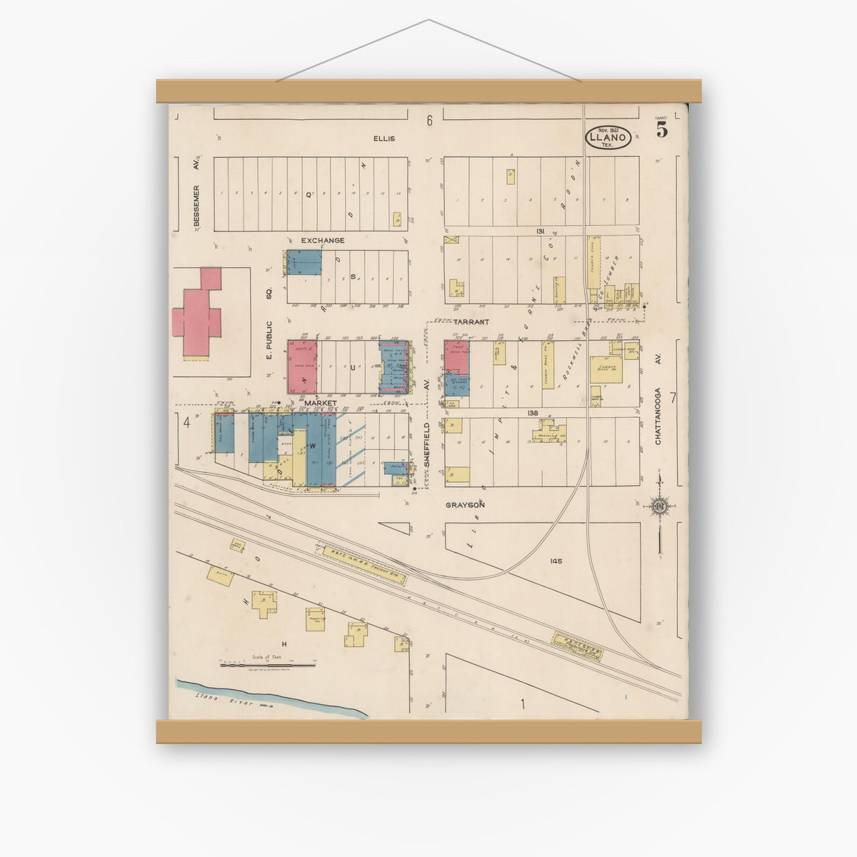 Old map wall art mockup — magnetic wood frame on white wall — Sanborn Fire Insurance Map from Llano, Llano County, Texas (1921), Sheet #0005