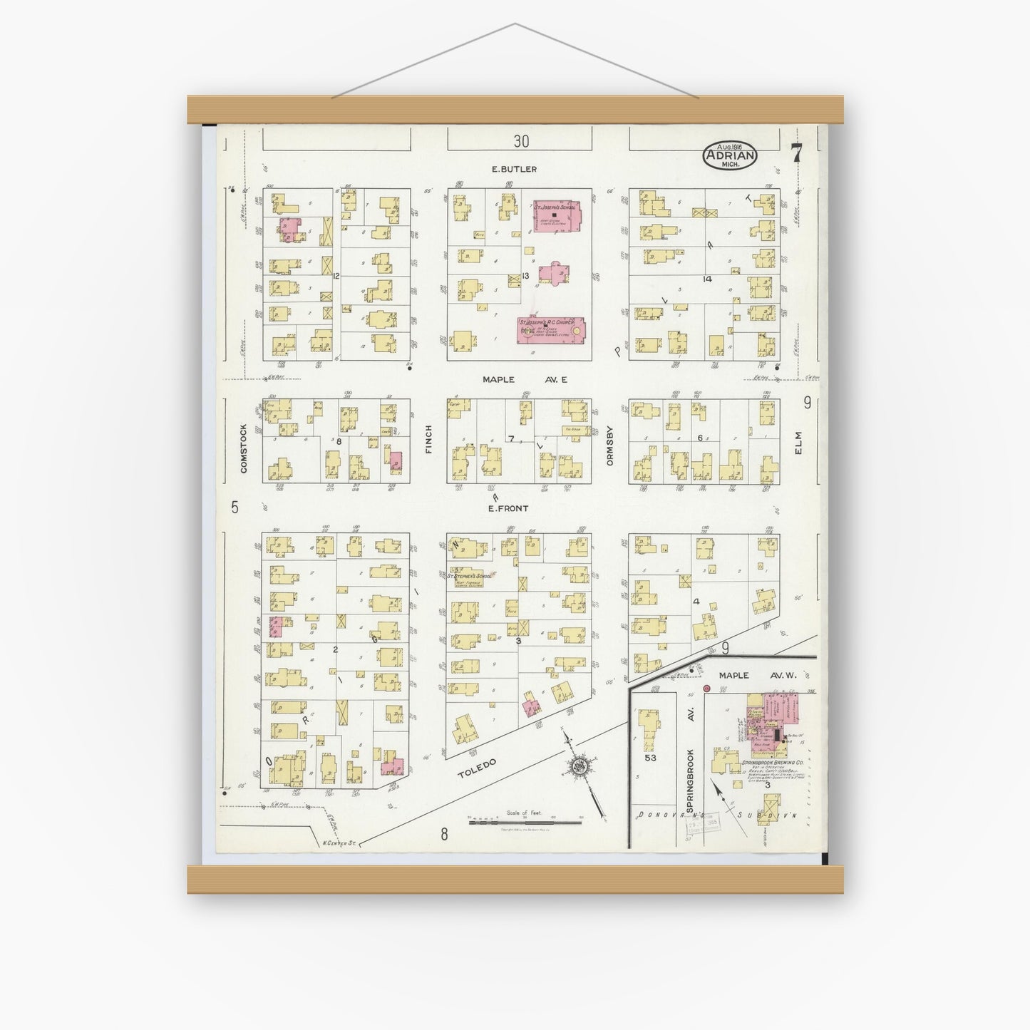 Old map wall art mockup — magnetic wood frame on white wall — Sanborn Fire Insurance Map from Adrian, Lenawee County, Michigan (1916), Sheet #0007