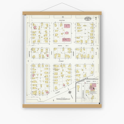 Old map wall art mockup — magnetic wood frame on white wall — Sanborn Fire Insurance Map from Adrian, Lenawee County, Michigan (1916), Sheet #0007