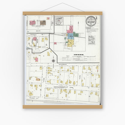 Old map wall art mockup — magnetic wood frame on white wall — Sanborn Fire Insurance Map from Nevada, Wyandot County, Ohio (1921) - Complete Map Set