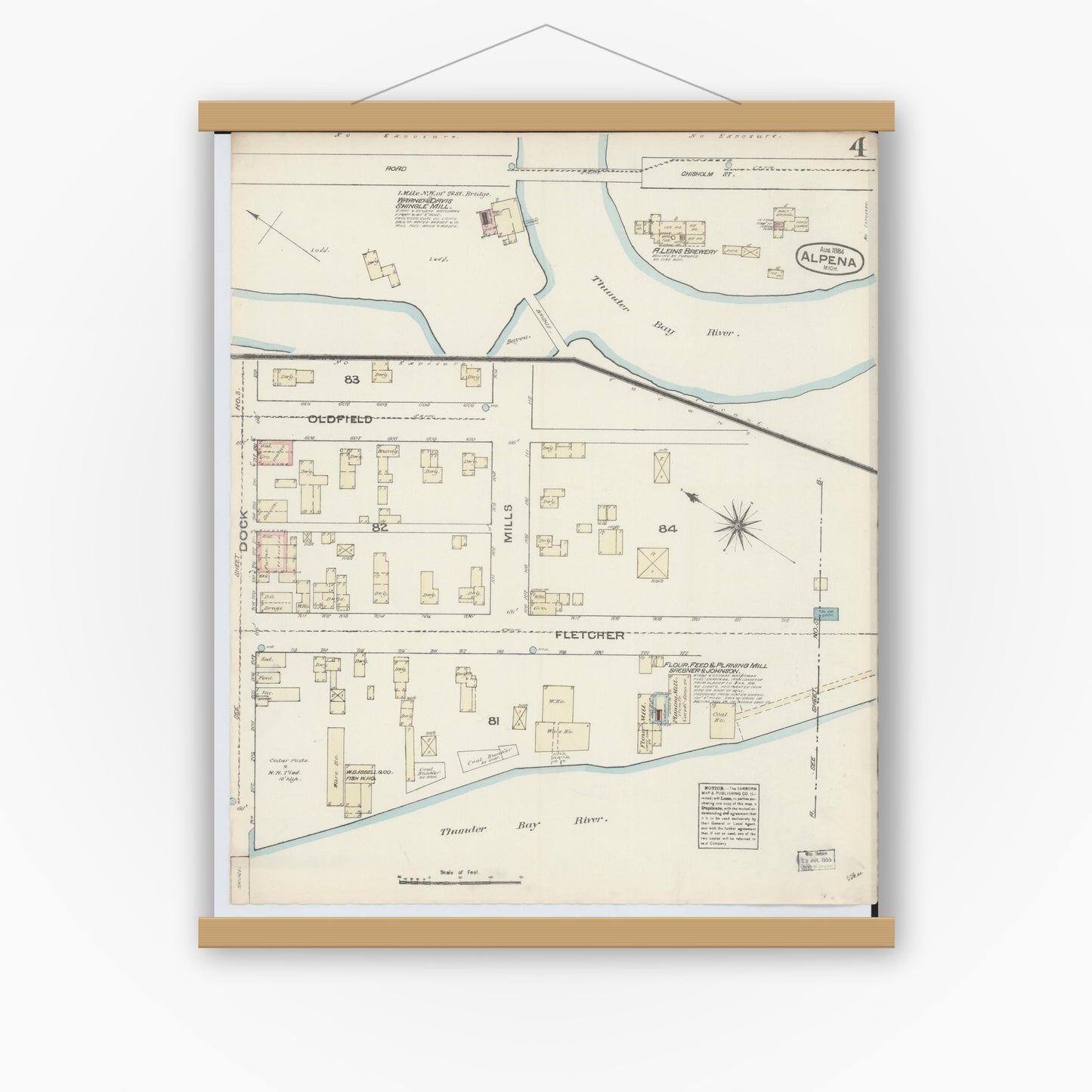 Old map wall art mockup — magnetic wood frame on white wall — Sanborn Fire Insurance Map from Alpena, Alpena County, Michigan (1884), Sheet #0004