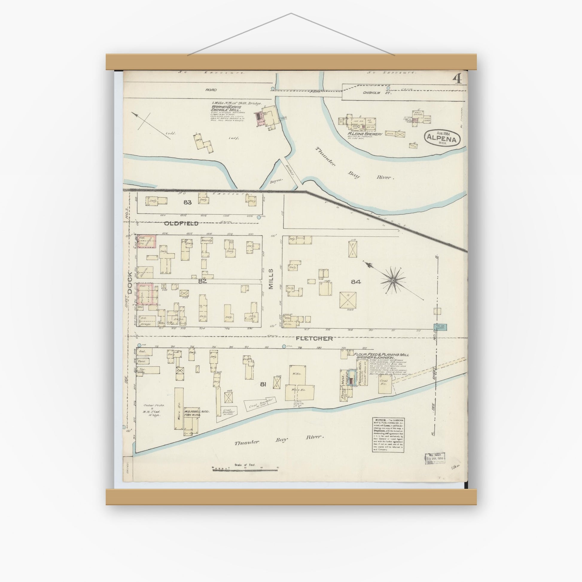 Old map wall art mockup — magnetic wood frame on white wall — Sanborn Fire Insurance Map from Alpena, Alpena County, Michigan (1884), Sheet #0004