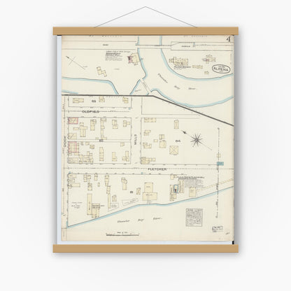 Old map wall art mockup — magnetic wood frame on white wall — Sanborn Fire Insurance Map from Alpena, Alpena County, Michigan (1884), Sheet #0004