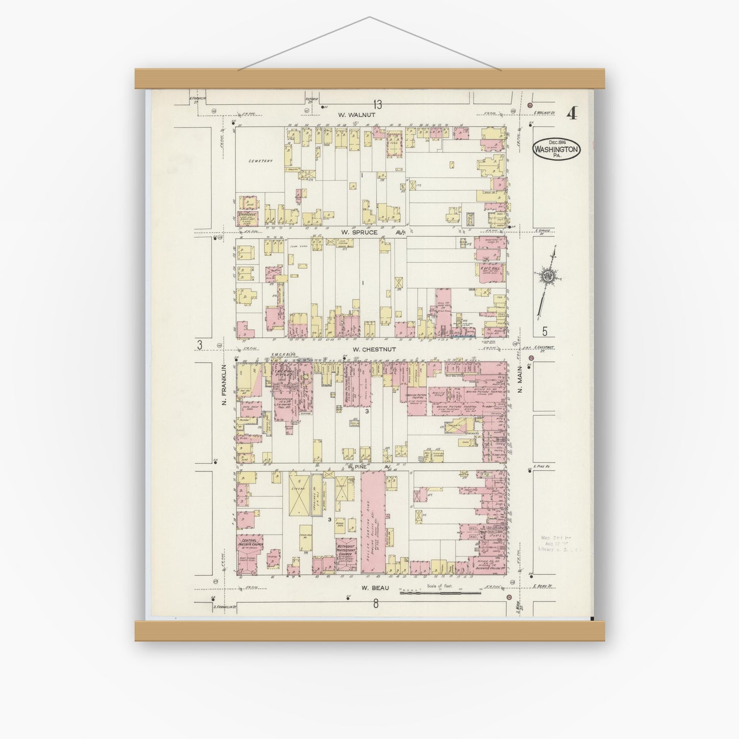 Old map wall art mockup — magnetic wood frame on white wall — Sanborn Fire Insurance Map from Washington, Washington County, Pennsylvania (1914), Sheet #0004
