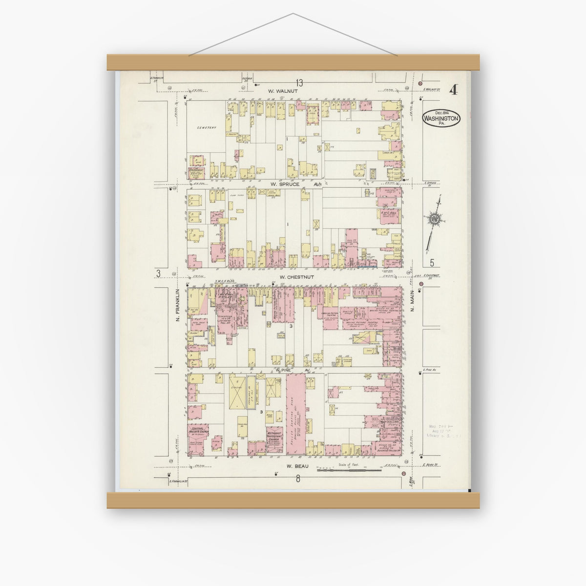 Old map wall art mockup — magnetic wood frame on white wall — Sanborn Fire Insurance Map from Washington, Washington County, Pennsylvania (1914), Sheet #0004