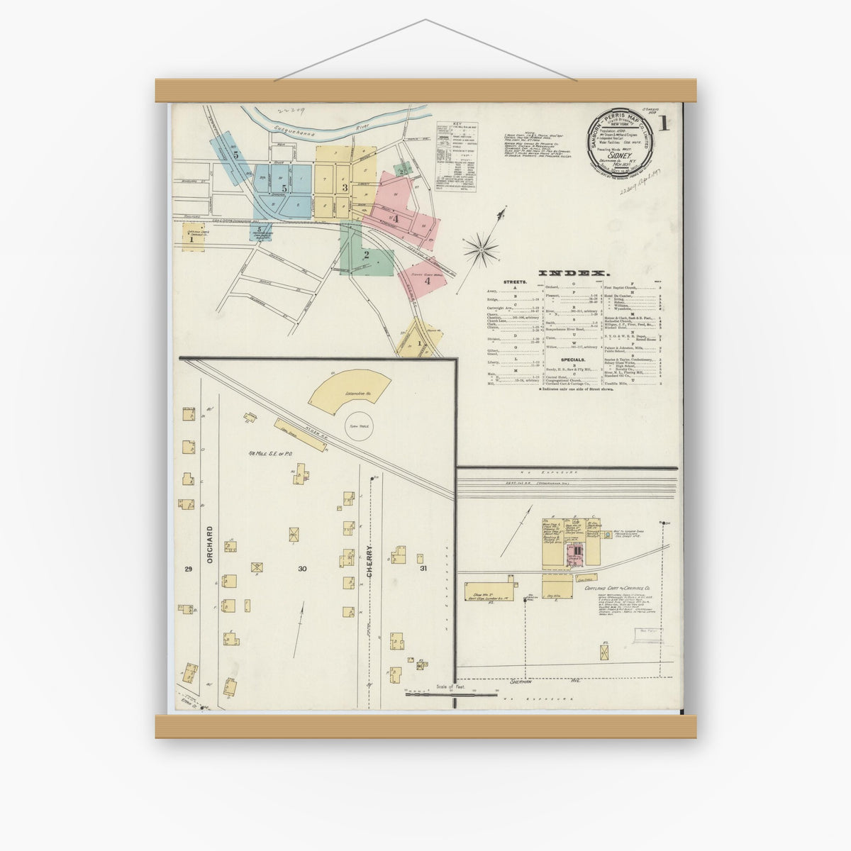 Old map wall art mockup — magnetic wood frame on white wall — Sanborn Fire Insurance Map from Sidney, Delaware County, New York (1897), Sheet #0001