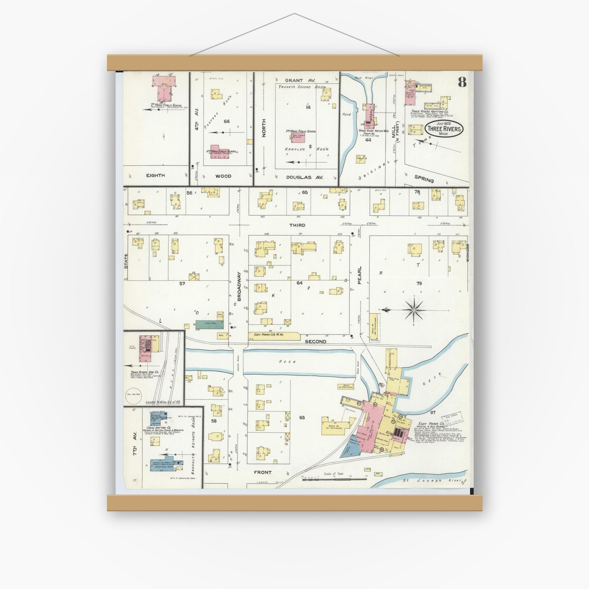 Old map wall art mockup — magnetic wood frame on white wall — Sanborn Fire Insurance Map from Three Rivers, Saint Joseph County, Michigan (1909), Sheet #0008