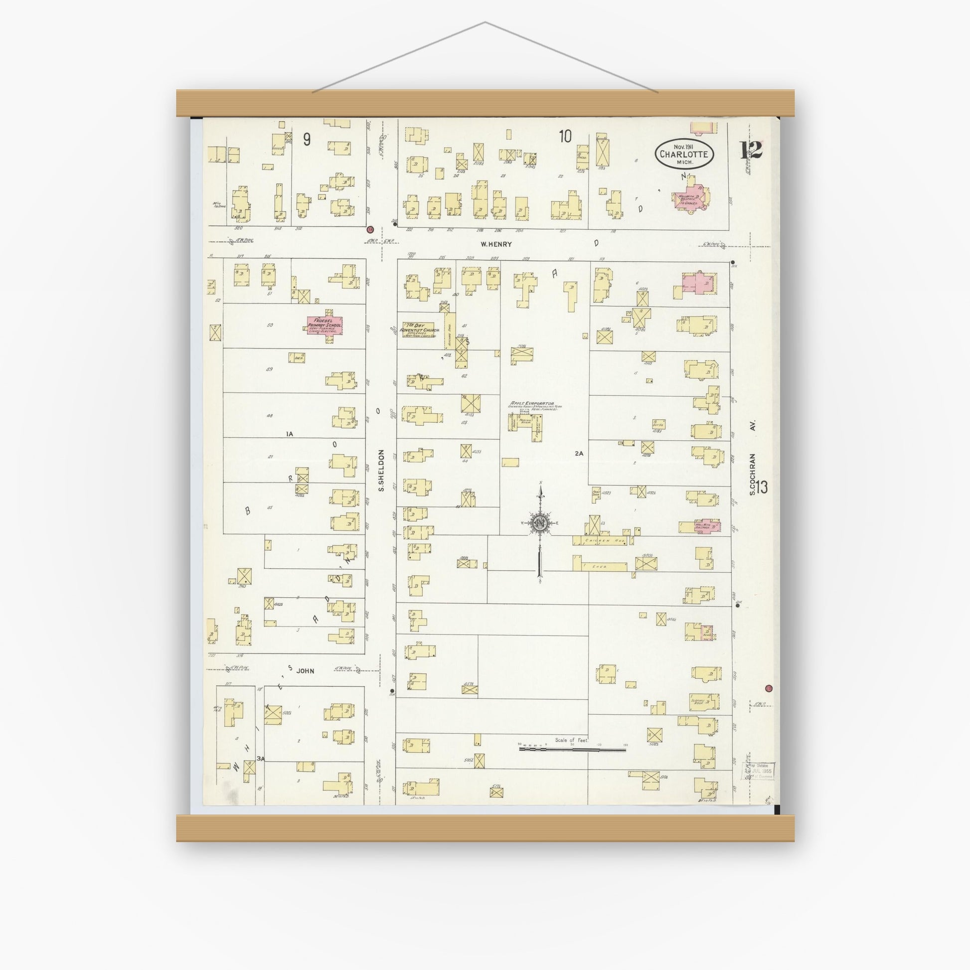 Old map wall art mockup — magnetic wood frame on white wall — Sanborn Fire Insurance Map from Charlotte, Eaton County, Michigan (1911), Sheet #0012