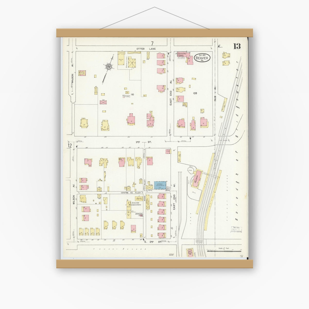 Old map wall art mockup — magnetic wood frame on white wall — Sanborn Fire Insurance Map from Beaver, Beaver County, Pennsylvania (1912), Sheet #0013