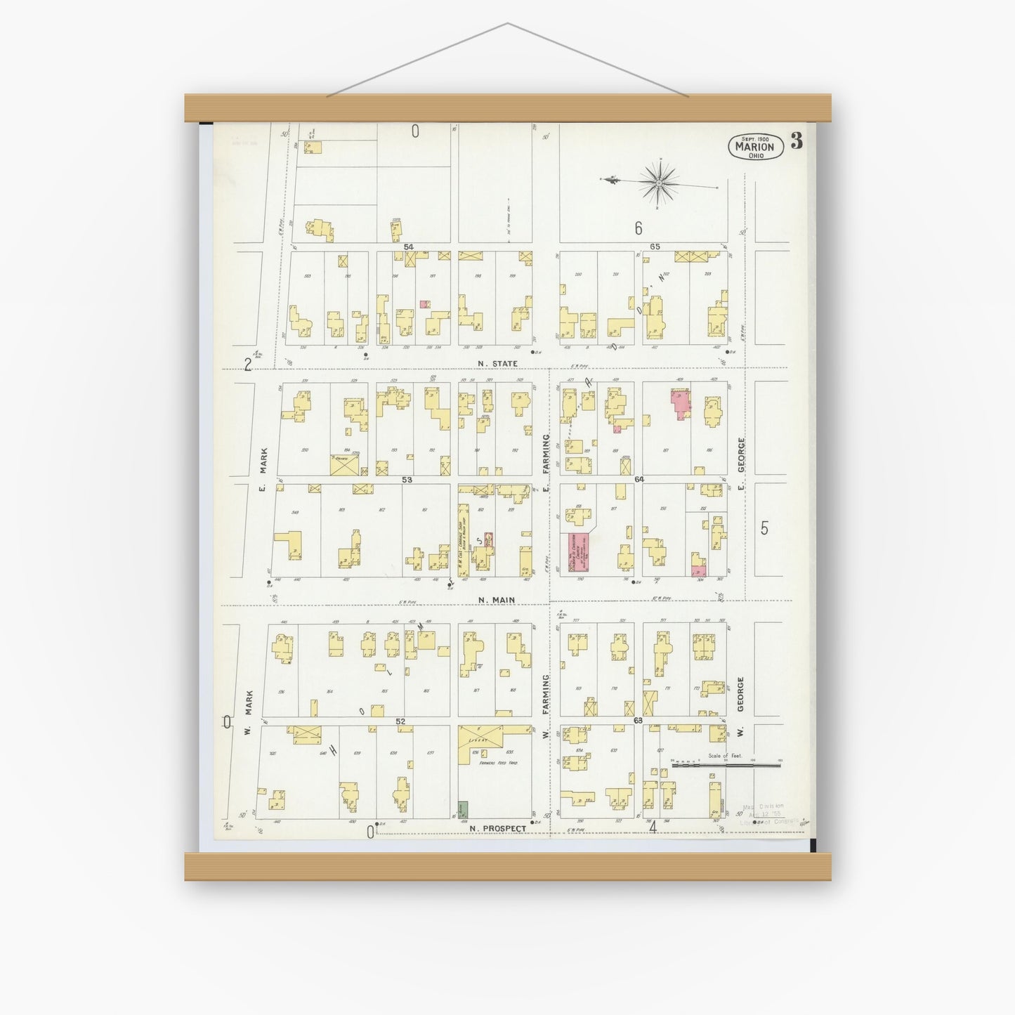 Old map wall art mockup — magnetic wood frame on white wall — Sanborn Fire Insurance Map from Marion, Marion County, Ohio (1900), Sheet #0003