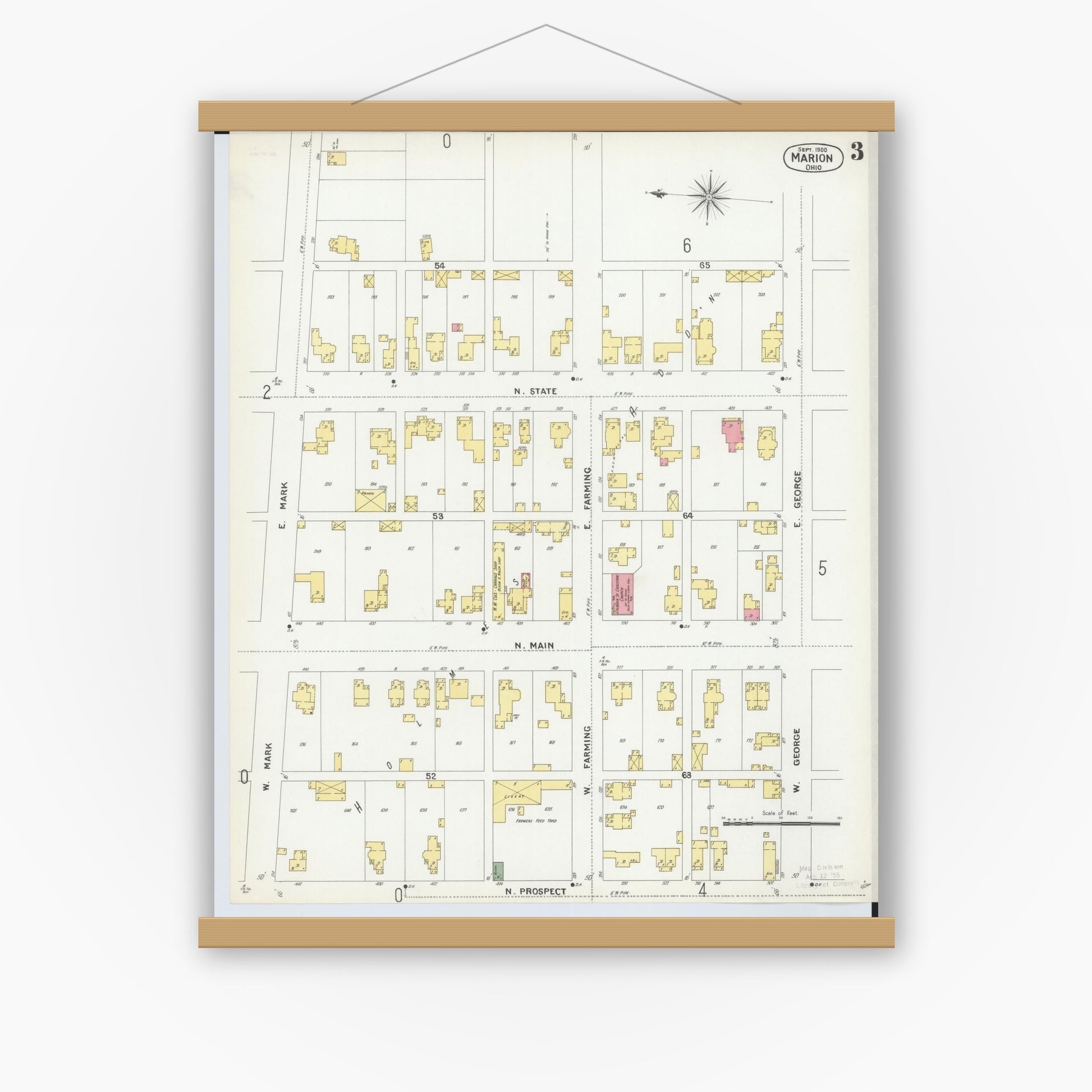 Old map wall art mockup — magnetic wood frame on white wall — Sanborn Fire Insurance Map from Marion, Marion County, Ohio (1900), Sheet #0003