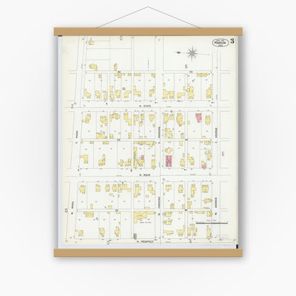 Old map wall art mockup — magnetic wood frame on white wall — Sanborn Fire Insurance Map from Marion, Marion County, Ohio (1900), Sheet #0003