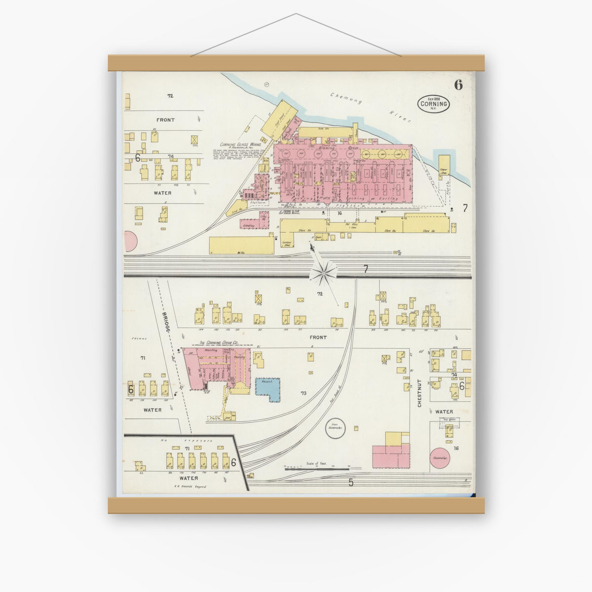 Old map wall art mockup — magnetic wood frame on white wall — Sanborn Fire Insurance Map from Corning, Steuben County, New York (1898), Sheet #0006