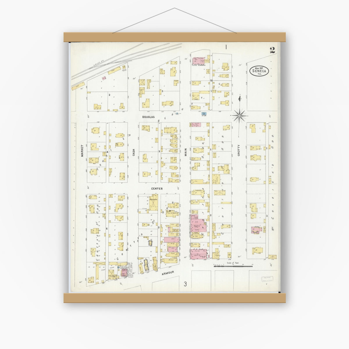 Old map wall art mockup — magnetic wood frame on white wall — Sanborn Fire Insurance Map from Seneca, La Salle County, Illinois (1907), Sheet #0002