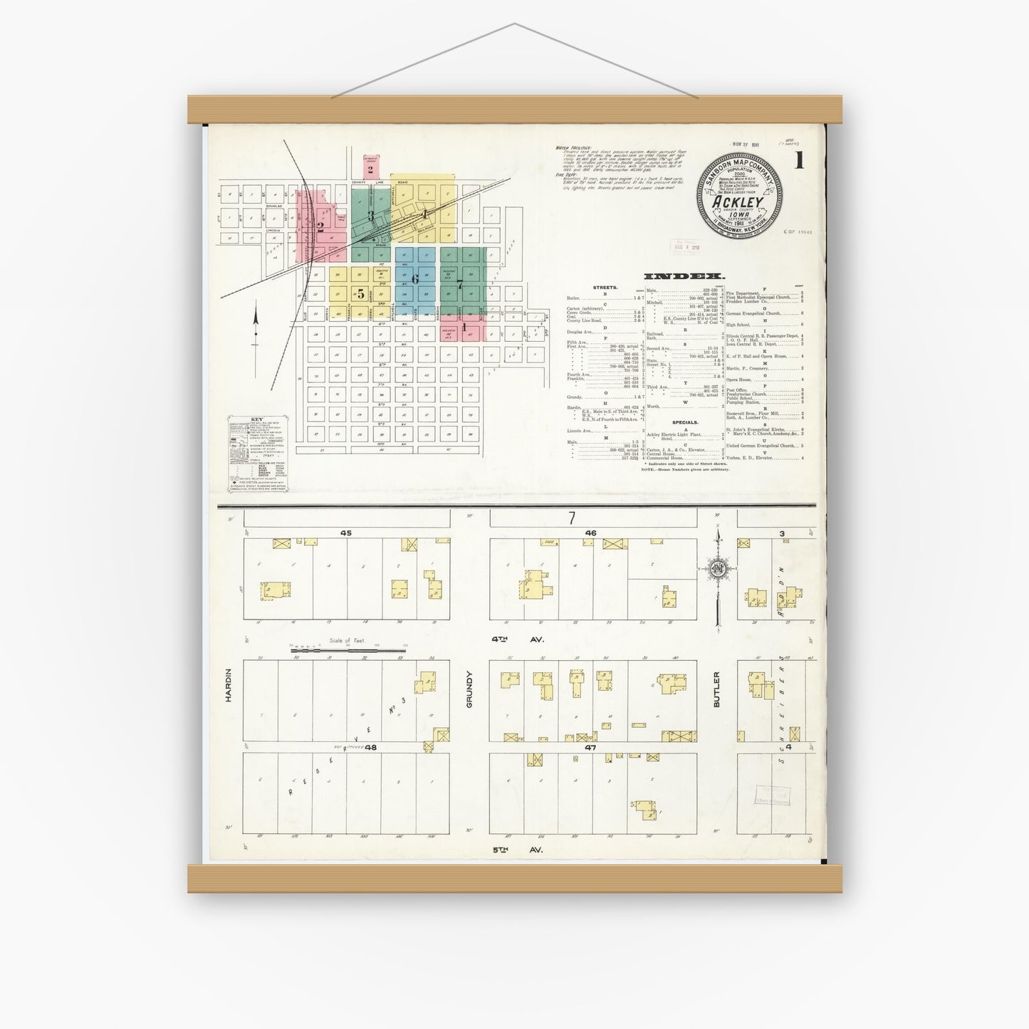 Old map wall art mockup — magnetic wood frame on white wall — Sanborn Fire Insurance Map from Ackley, Hardin and Franklin Counties, Iowa (1911) â€” Complete Set
