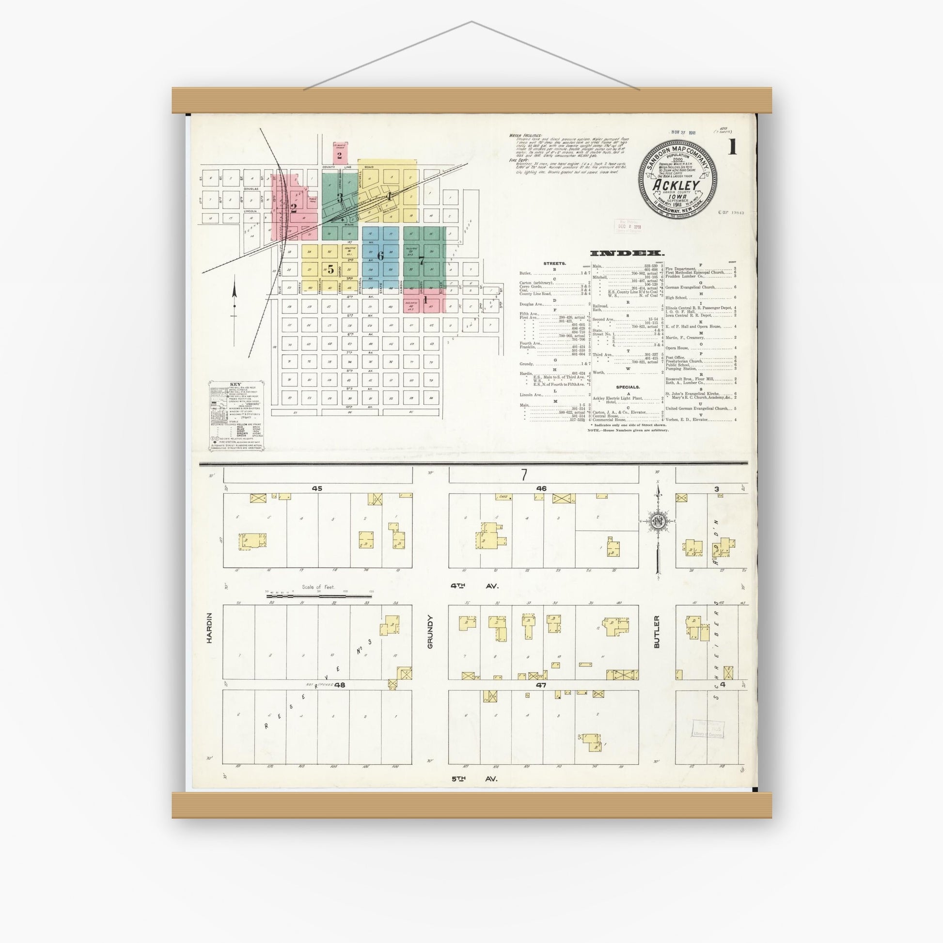 Old map wall art mockup — magnetic wood frame on white wall — Sanborn Fire Insurance Map from Ackley, Hardin and Franklin Counties, Iowa (1911) â€” Complete Set