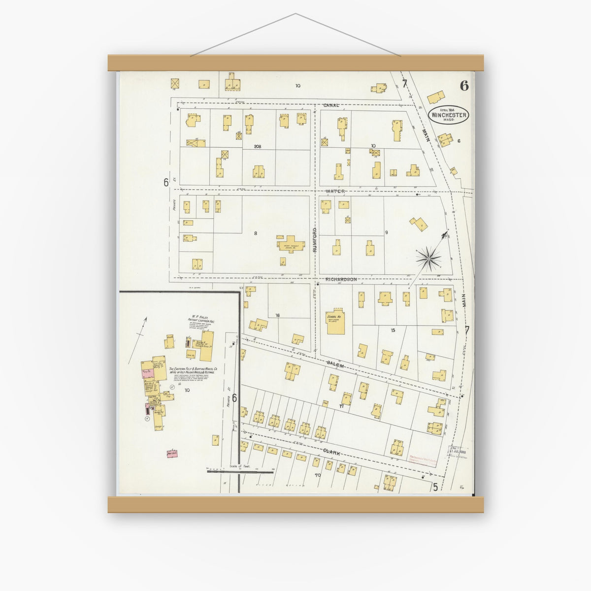 Old map wall art mockup — magnetic wood frame on white wall — Sanborn Fire Insurance Map from Winchester, Middlesex County, Massachusetts (1904), Sheet #0006
