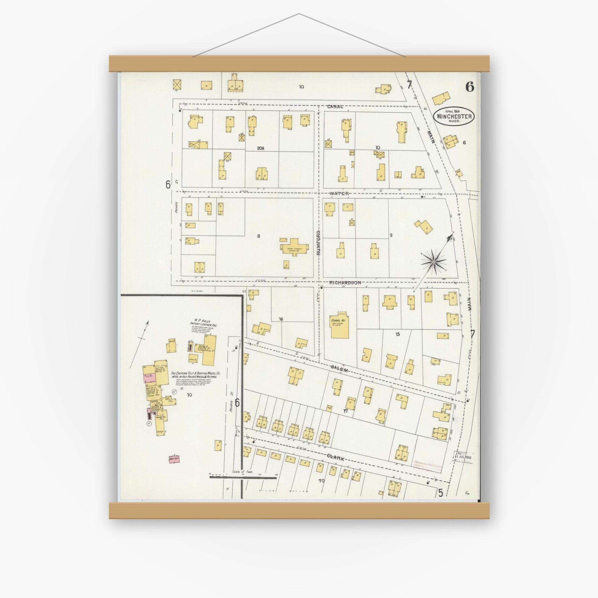 Old map wall art mockup — magnetic wood frame on white wall — Sanborn Fire Insurance Map from Winchester, Middlesex County, Massachusetts (1904), Sheet #0006
