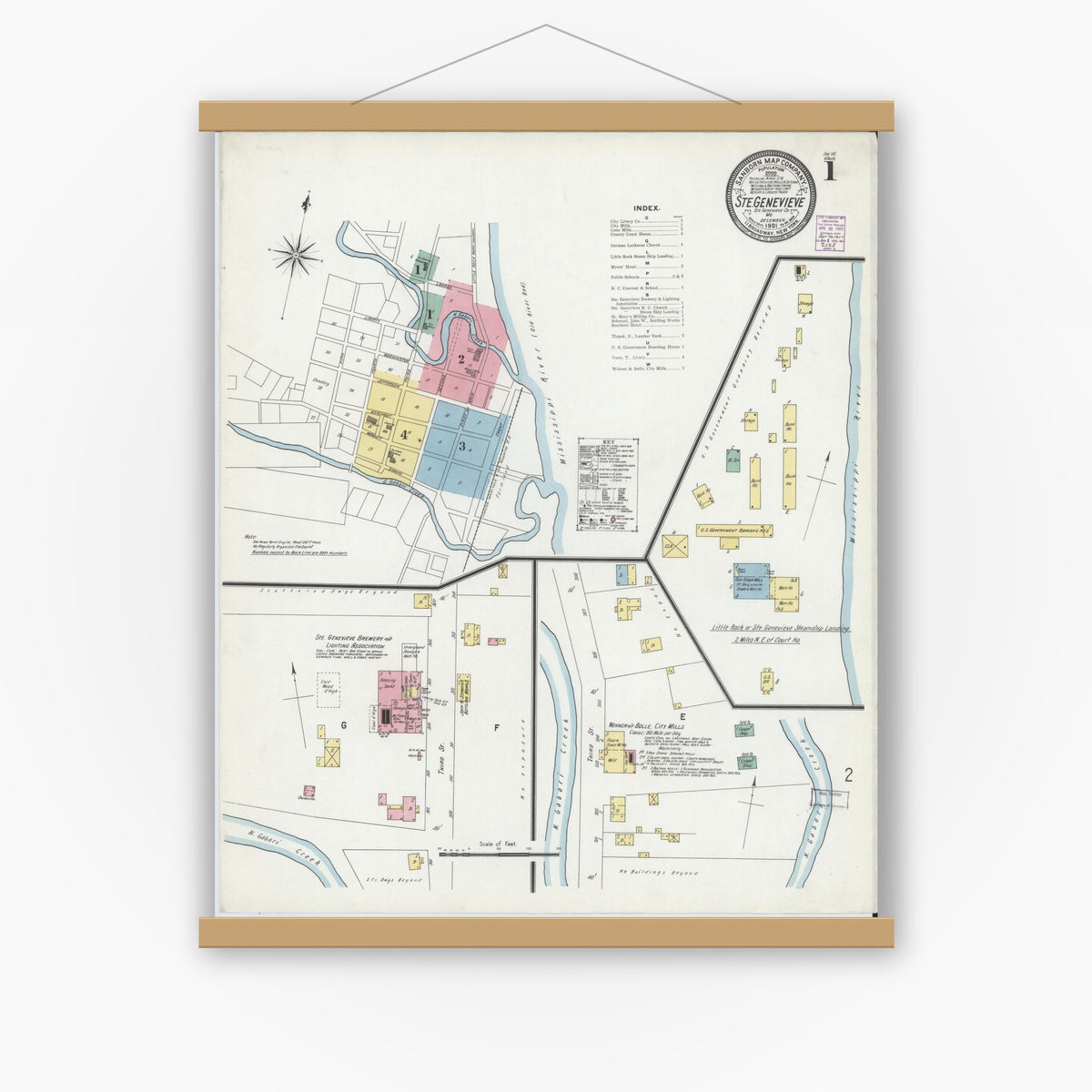 Old map wall art mockup — magnetic wood frame on white wall — Sanborn Fire Insurance Map from Sainte Genevieve, Saint Genevieve County, Missouri (1901), Sheet #0001