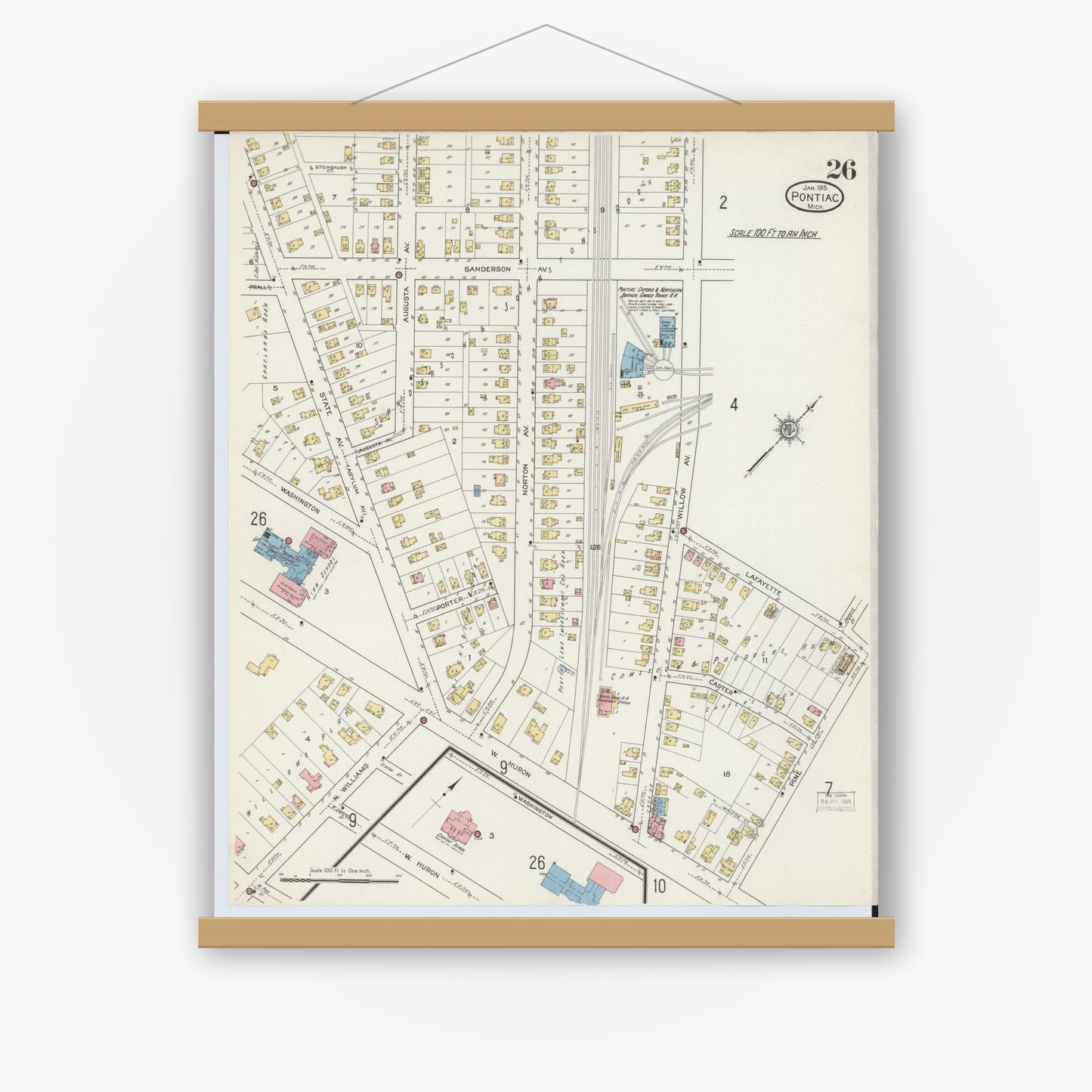 Old map wall art mockup — magnetic wood frame on white wall — Sanborn Fire Insurance Map from Pontiac, Oakland County, Michigan (1915), Sheet #0026