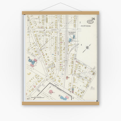 Old map wall art mockup — magnetic wood frame on white wall — Sanborn Fire Insurance Map from Pontiac, Oakland County, Michigan (1915), Sheet #0026