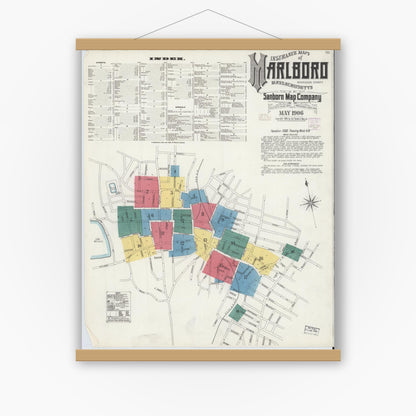 Old map wall art mockup — magnetic wood frame on white wall — Sanborn Fire Insurance Map from Marlborough, Middlesex County, Massachusetts (1906), Sheet #0001