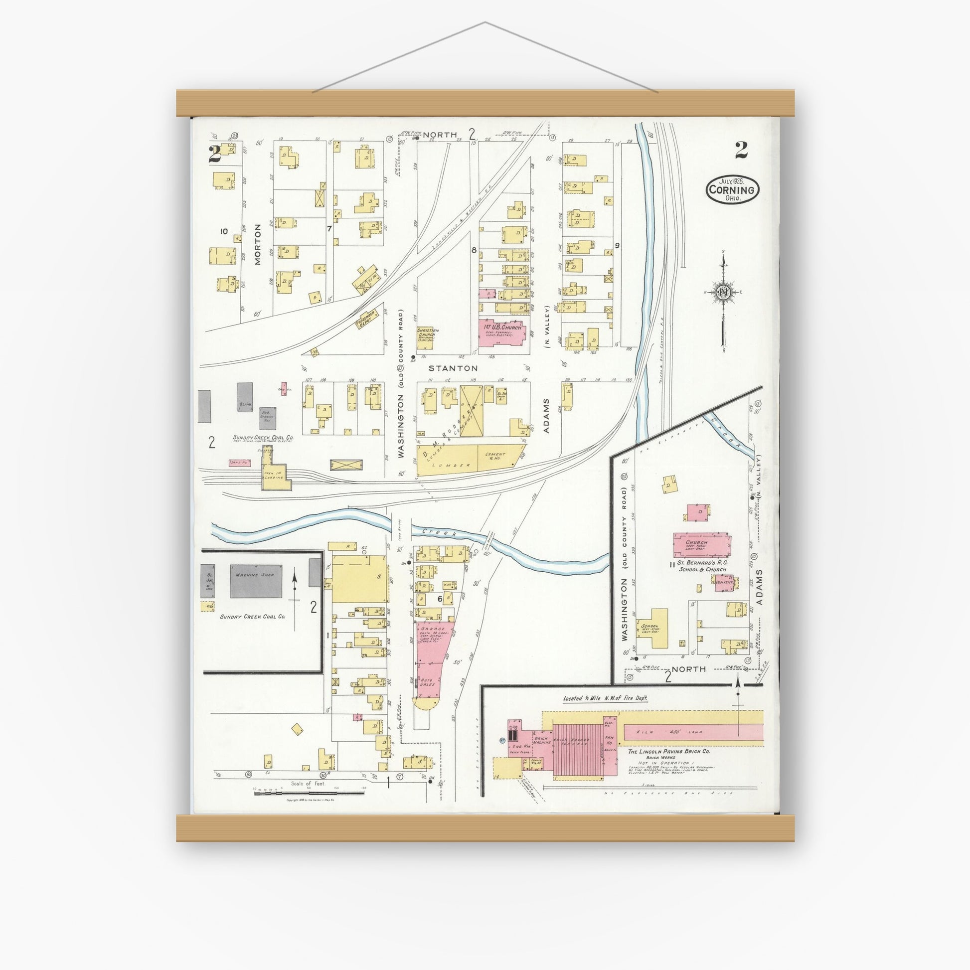 Old map wall art mockup — magnetic wood frame on white wall — Sanborn Fire Insurance Map from Corning, Perry County, Ohio (1926), Sheet #0002