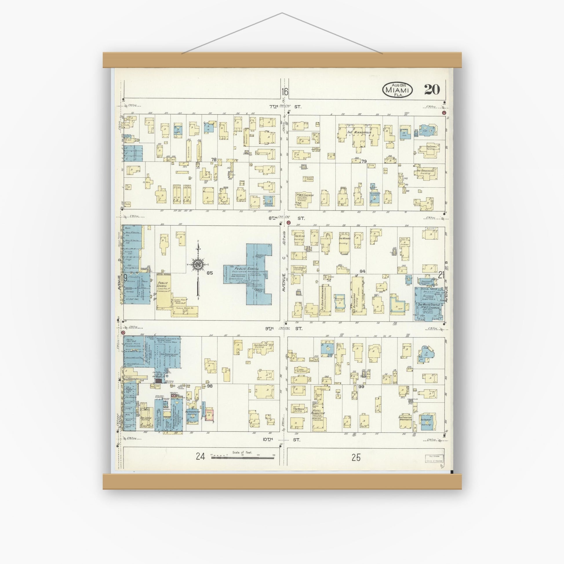 Old map wall art mockup — magnetic wood frame on white wall — Sanborn Fire Insurance Map from Miami, Dade County, Florida (1914), Sheet #0020