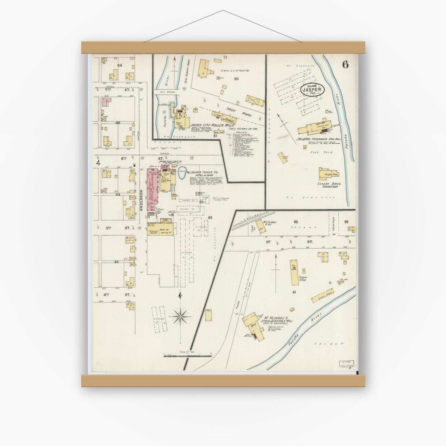 Old map wall art mockup — magnetic wood frame on white wall — Sanborn Fire Insurance Map from Jasper, Dubois County, Indiana (1898), Sheet #0006