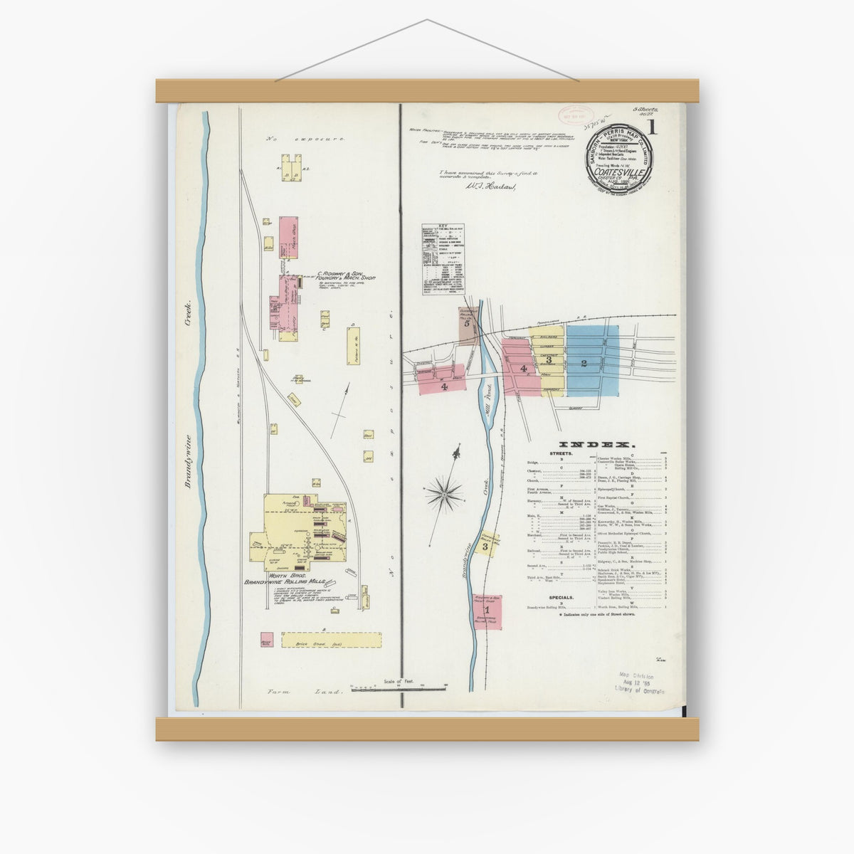 Old map wall art mockup — magnetic wood frame on white wall — Sanborn Fire Insurance Map from Coatesville, Chester County, Pennsylvania (1891) - Complete Map Set