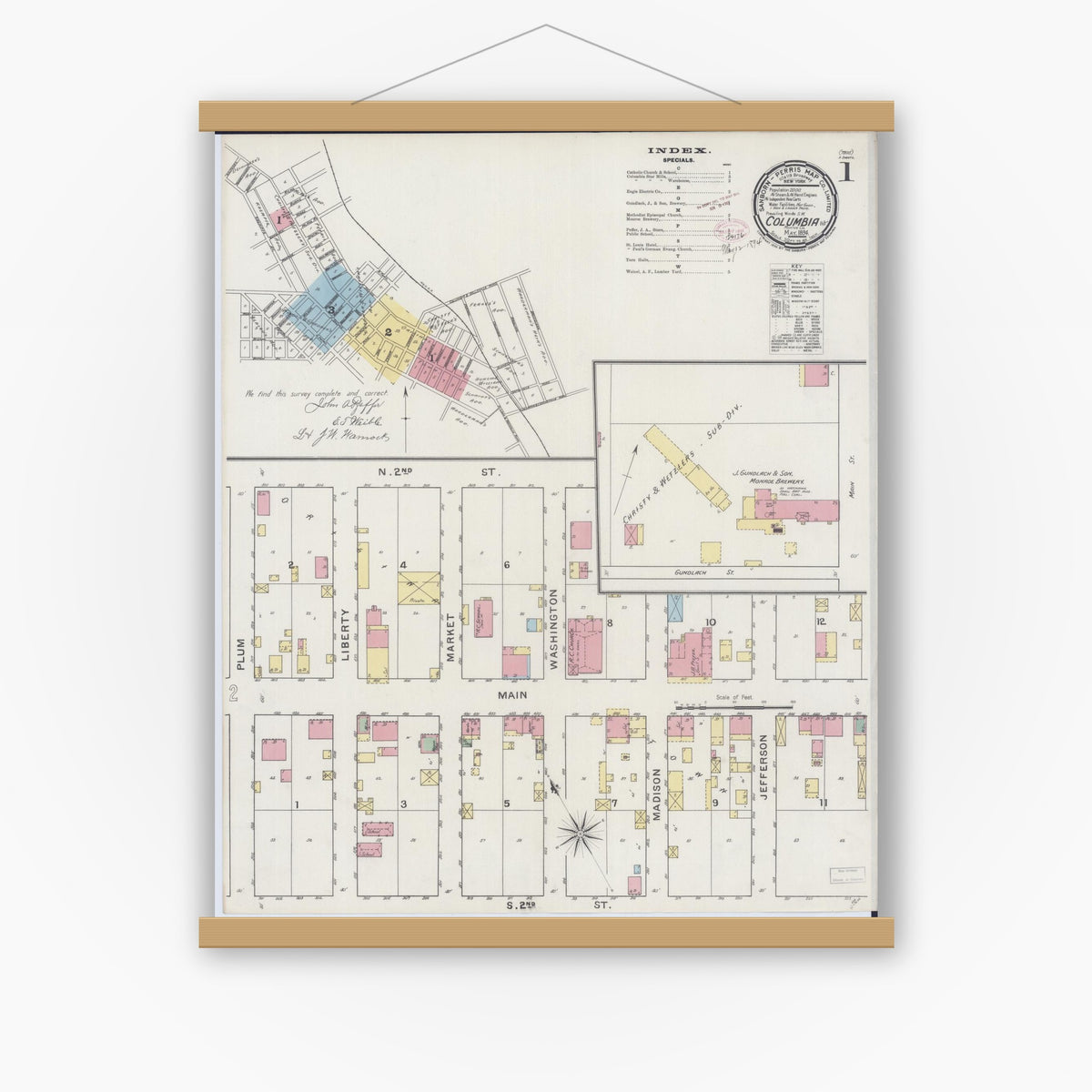 Old map wall art mockup — magnetic wood frame on white wall — Sanborn Fire Insurance Map from Columbia, Monroe County, Illinois (1894) - Complete Map Set