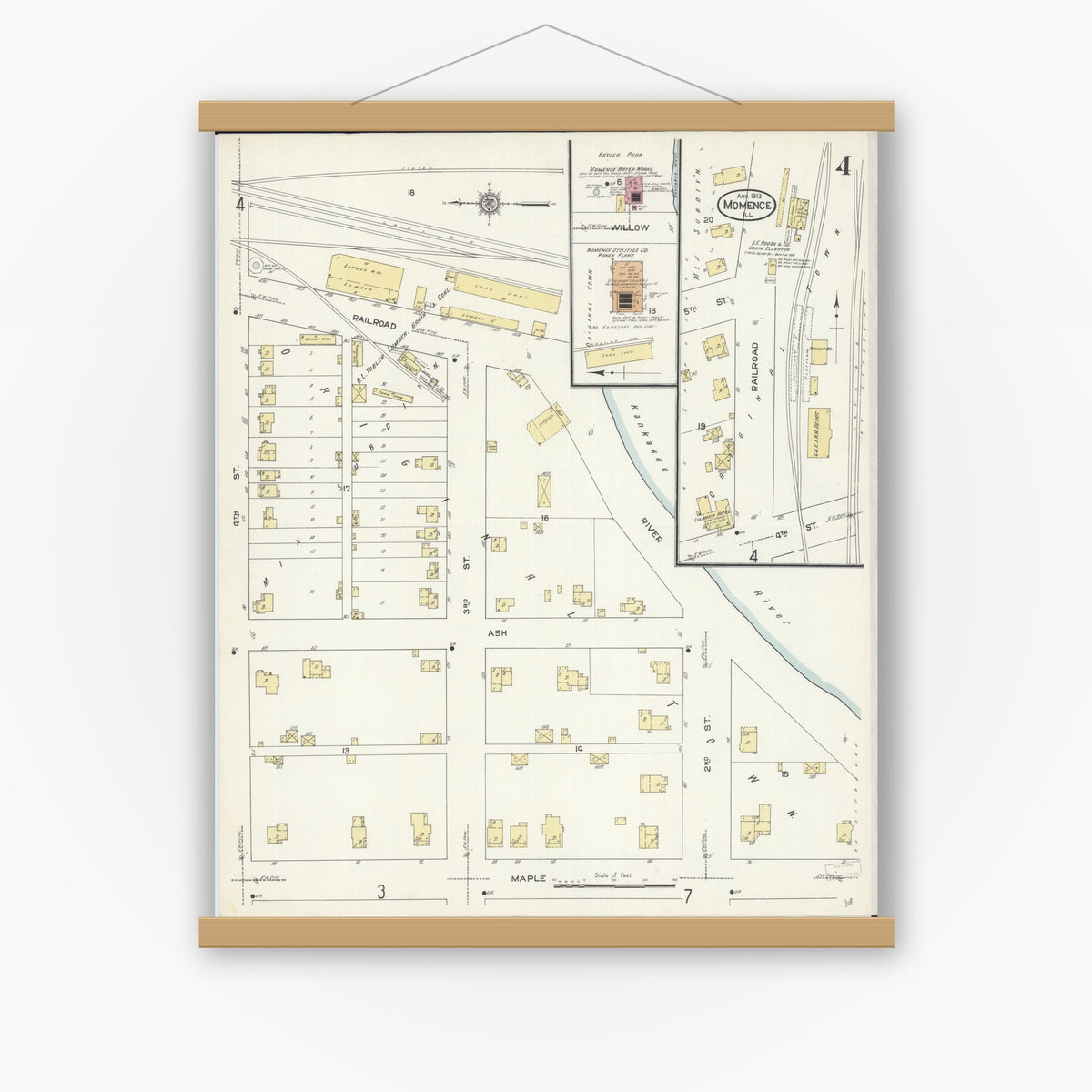 Old map wall art mockup — magnetic wood frame on white wall — Sanborn Fire Insurance Map from Momence, Kankakee County, Illinois (1913), Sheet #0004