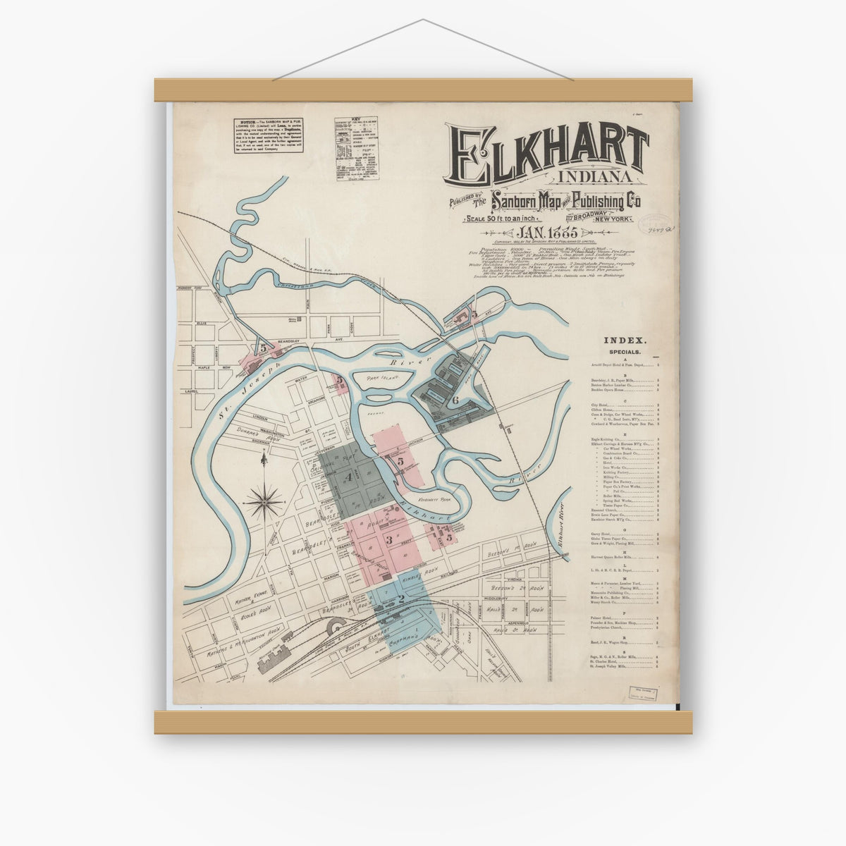 Old map wall art mockup — magnetic wood frame on white wall — Sanborn Fire Insurance Map from Elkhart, Elkhart County, Indiana (1885) - Complete Map Set