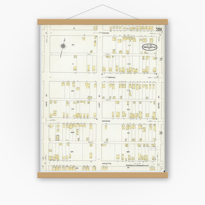 Old map wall art mockup — magnetic wood frame on white wall — Sanborn Fire Insurance Map from Washington, Washington County, Pennsylvania (1909), Sheet #0039