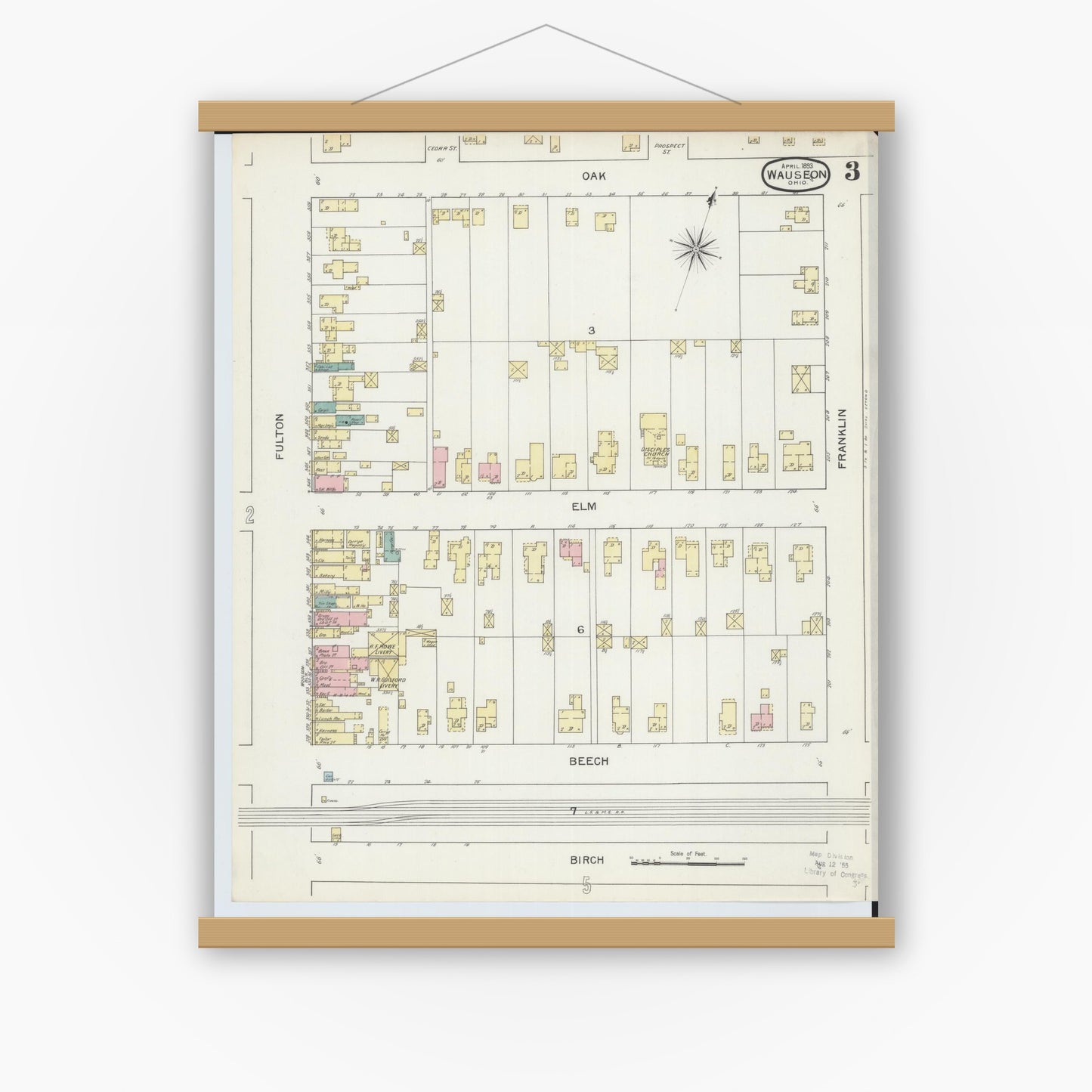 Old map wall art mockup — magnetic wood frame on white wall — Sanborn Fire Insurance Map from Wauseon, Fulton County, Ohio (1893), Sheet #0003