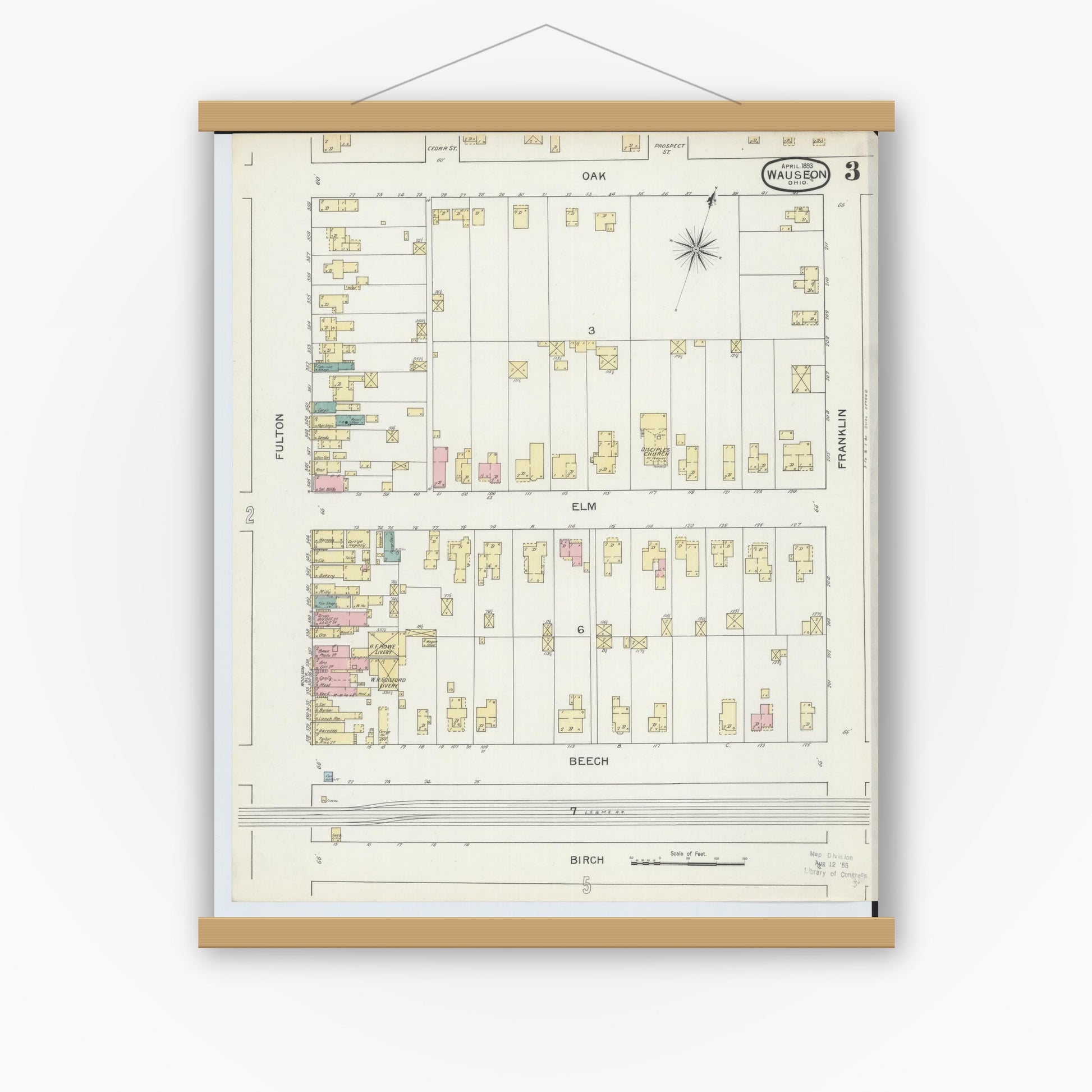 Old map wall art mockup — magnetic wood frame on white wall — Sanborn Fire Insurance Map from Wauseon, Fulton County, Ohio (1893), Sheet #0003
