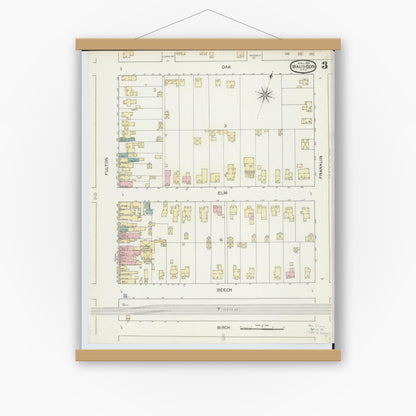 Old map wall art mockup — magnetic wood frame on white wall — Sanborn Fire Insurance Map from Wauseon, Fulton County, Ohio (1893), Sheet #0003
