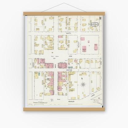 Old map wall art mockup — magnetic wood frame on white wall — Sanborn Fire Insurance Map from Mount Gilead, Morrow County, Ohio (1892), Sheet #0002