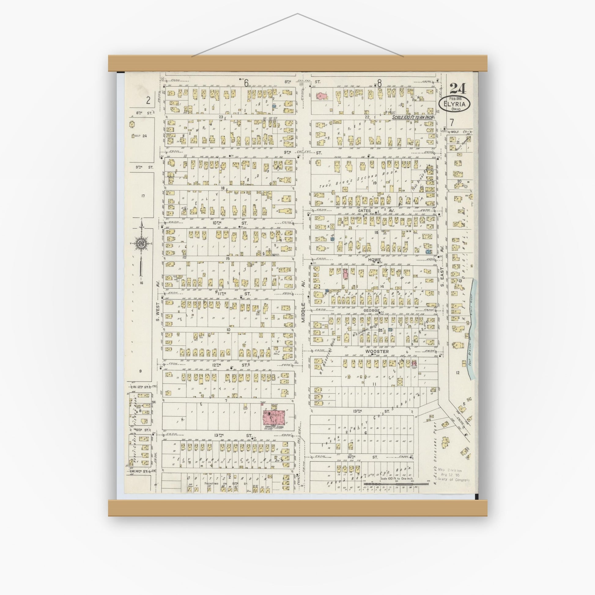 Old map wall art mockup — magnetic wood frame on white wall — Sanborn Fire Insurance Map from Elyria, Lorain County, Ohio (1915), Sheet #0024