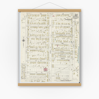 Old map wall art mockup — magnetic wood frame on white wall — Sanborn Fire Insurance Map from Elyria, Lorain County, Ohio (1915), Sheet #0024