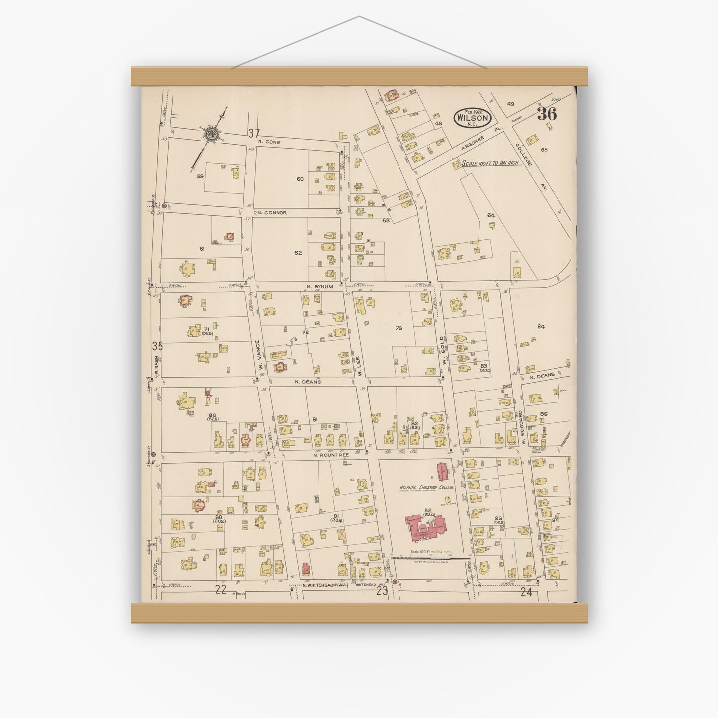 Old map wall art mockup — magnetic wood frame on white wall — Sanborn Fire Insurance Map from Wilson, Wilson County, North Carolina (1922), Sheet #0036