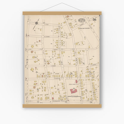 Old map wall art mockup — magnetic wood frame on white wall — Sanborn Fire Insurance Map from Wilson, Wilson County, North Carolina (1922), Sheet #0036