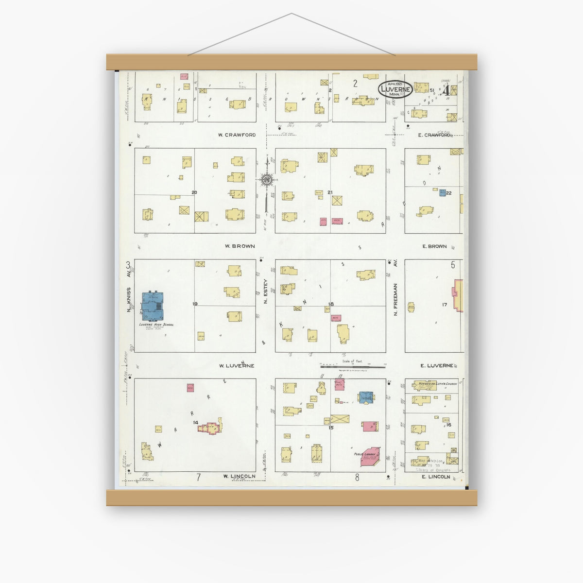Old map wall art mockup — magnetic wood frame on white wall — Sanborn Fire Insurance Map from Luverne, Rock County, Minnesota (1921), Sheet #0004