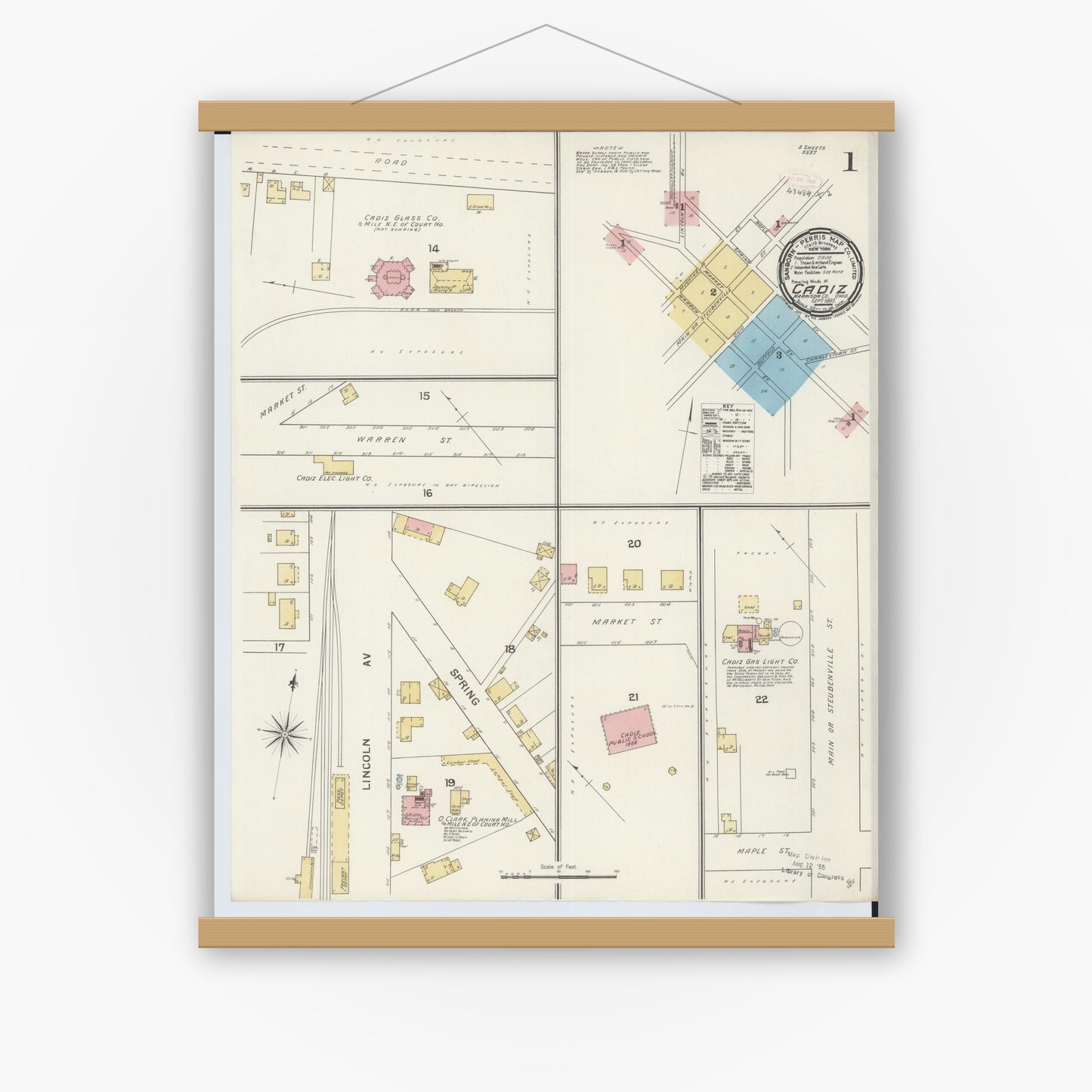 Old map wall art mockup — magnetic wood frame on white wall — Sanborn Fire Insurance Map from Cadiz, Harrison County, Ohio (1892), Sheet #0001
