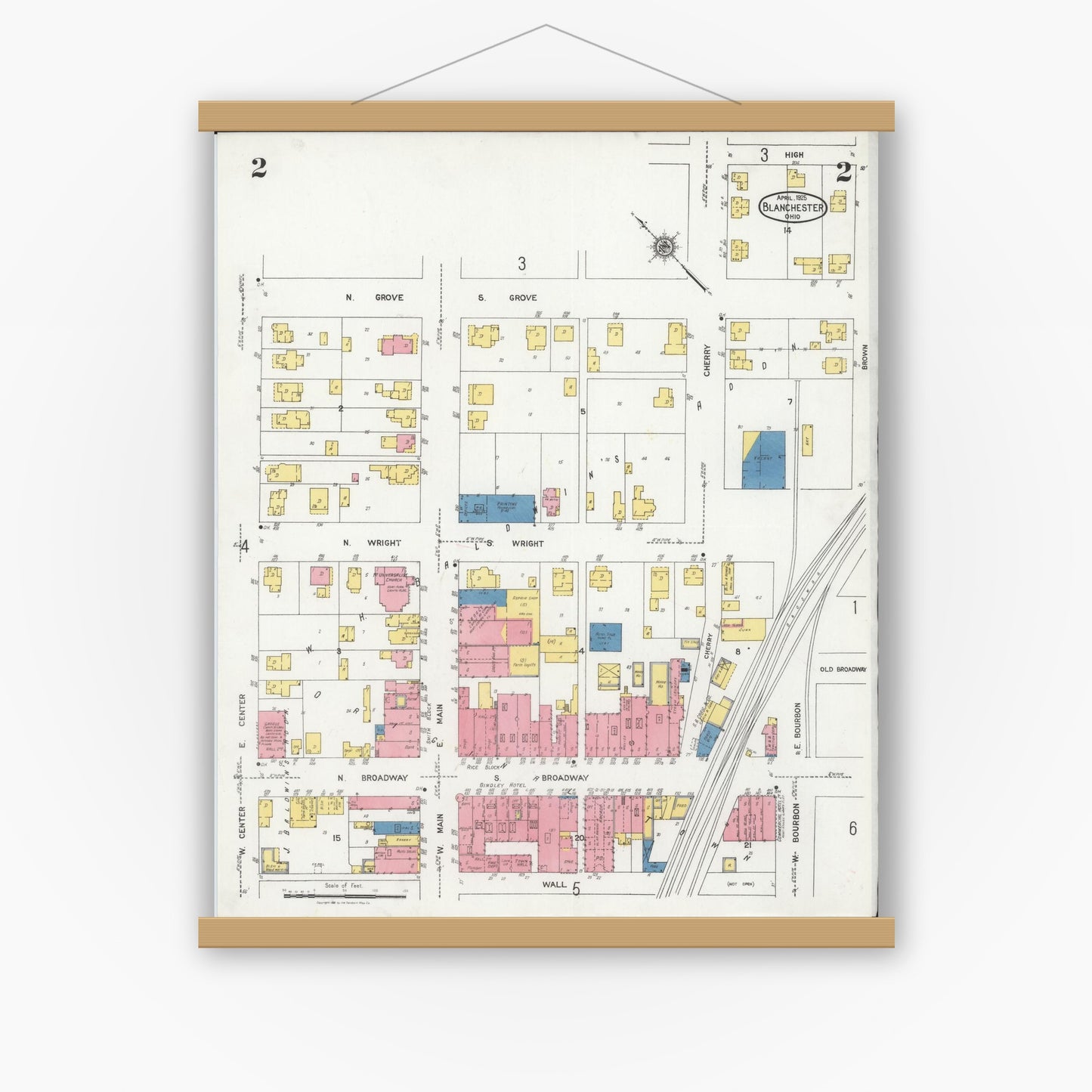 Old map wall art mockup — magnetic wood frame on white wall — Sanborn Fire Insurance Map from Blanchester, Clinton County, Ohio (1925), Sheet #0002
