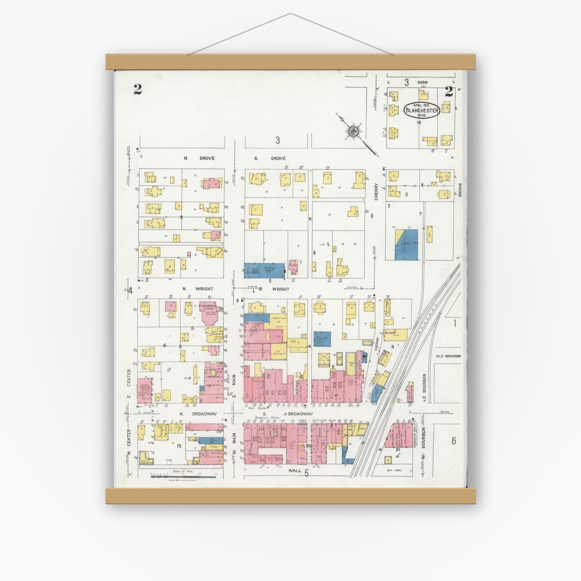Old map wall art mockup — magnetic wood frame on white wall — Sanborn Fire Insurance Map from Blanchester, Clinton County, Ohio (1925), Sheet #0002