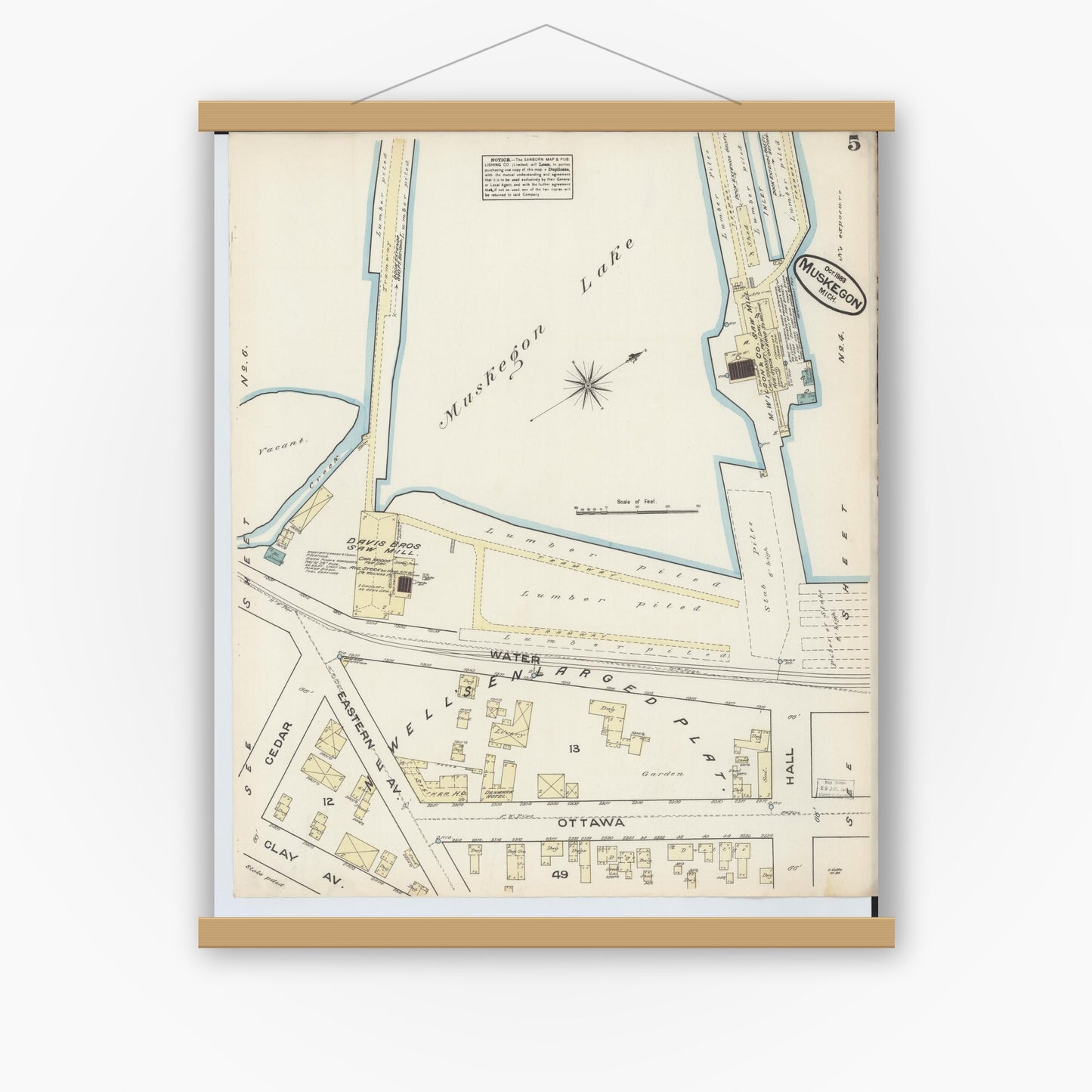 Old map wall art mockup — magnetic wood frame on white wall — Sanborn Fire Insurance Map from Muskegon, Muskegon County, Michigan (1883), Sheet #0005