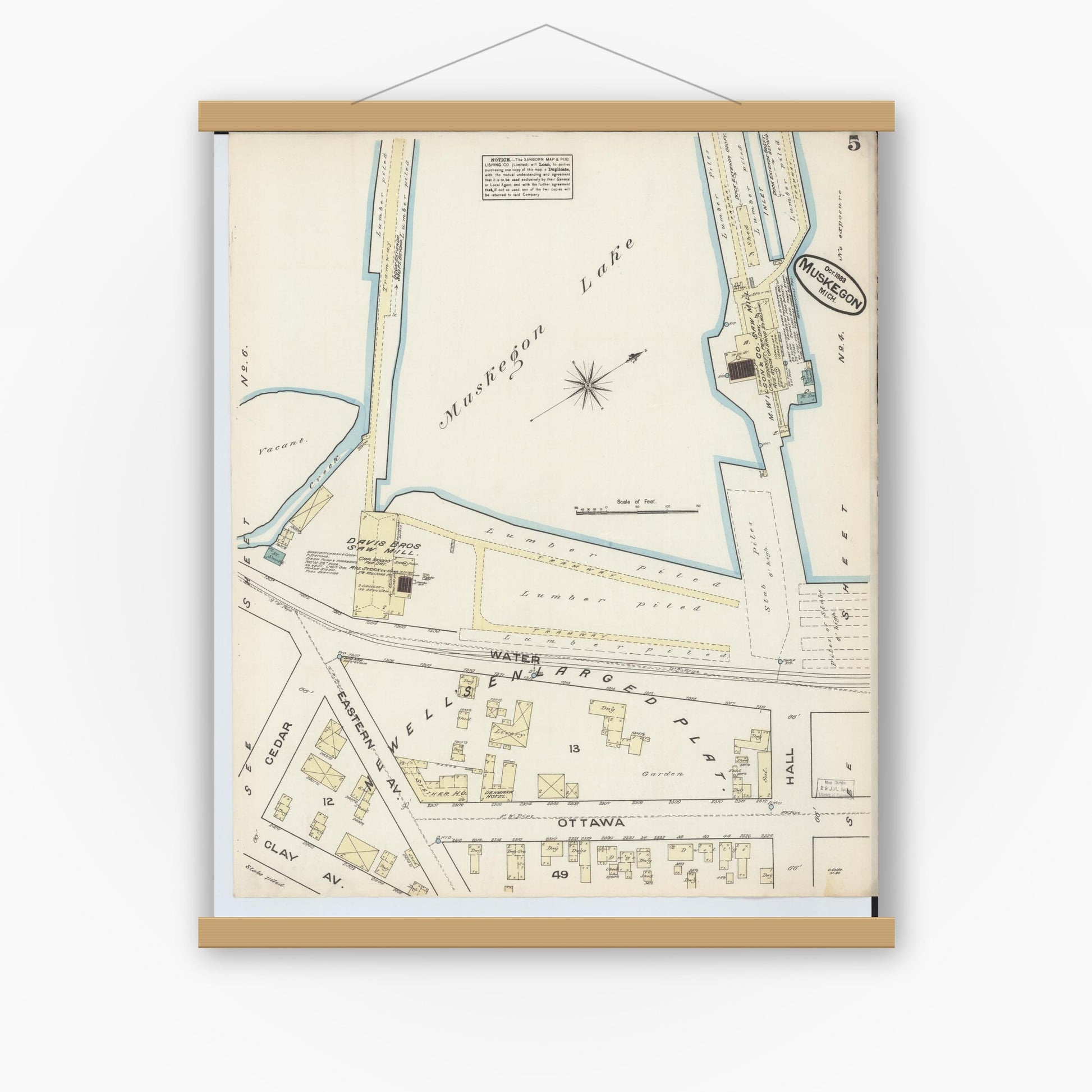 Old map wall art mockup — magnetic wood frame on white wall — Sanborn Fire Insurance Map from Muskegon, Muskegon County, Michigan (1883), Sheet #0005