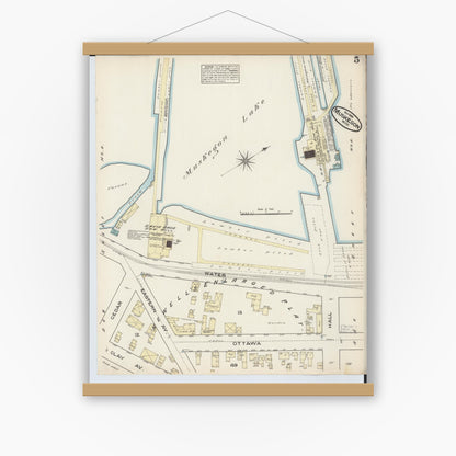 Old map wall art mockup — magnetic wood frame on white wall — Sanborn Fire Insurance Map from Muskegon, Muskegon County, Michigan (1883), Sheet #0005