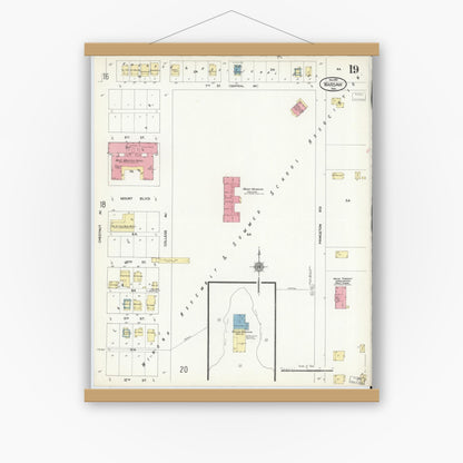 Old map wall art mockup — magnetic wood frame on white wall — Sanborn Fire Insurance Map from Warsaw, Kosciusko County, Indiana (1910), Sheet #0019